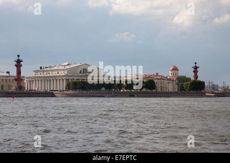 The Rostral Columns on Arrow Vasilevsky with the Old Stock Exchange, St. Petersburg Stock Photo