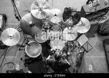 Drummer sitting at a drum set on stage at Sunday morning fish market (Fishmarkt), Hamburg, Germany Stock Photo