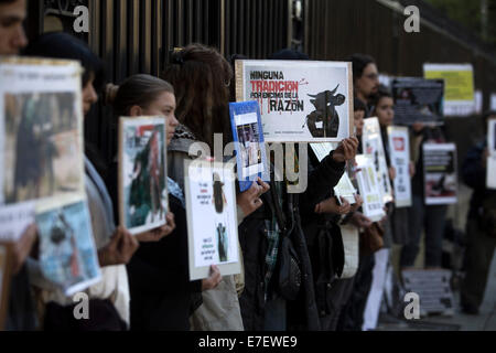 Buenos Aires, Argentina. 15th Sep, 2014. Activists take part in a protest against the killing of bulls in front of the Spanish embassy in Buenos Aires, Argentina, on Sept 15, 2014. Members of animal rights organizations gathered in front of the Spanish embassy to protest against the killing of bulls in the framework of the Toro de la Vega Tournament of Torsedillas, Spain, which takes place the second Tuesday of September and involves spearing a bull to death. © Martin Zabala/Xinhua/Alamy Live News Stock Photo