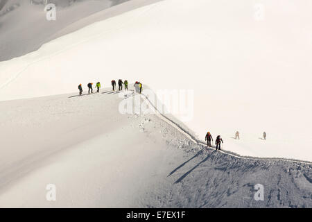 Climbers on the arete leading up from the Vallee Blanche to the Aiguille Du Midi above Chamonix, France. Stock Photo