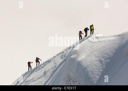 Climbers on the arete leading up from the Vallee Blanche to the Aiguille Du Midi above Chamonix, France. Stock Photo