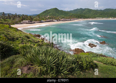 Beach and palapas of Maruata, Michoacan, Mexico. Stock Photo