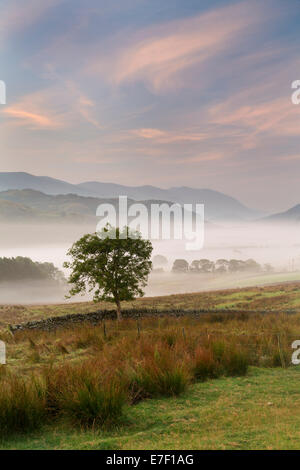 Dawn at Castlerigg Stone Circle and St John's in The Vale, Keswick, Cumbria, England Stock Photo