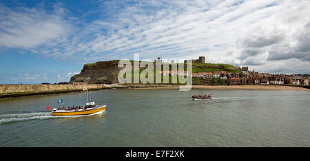 Two tour boats taking passengers on cruise from Whitby harbour past buildings of town and ruins of abbey on grassy hill InYorkshire, England. Stock Photo