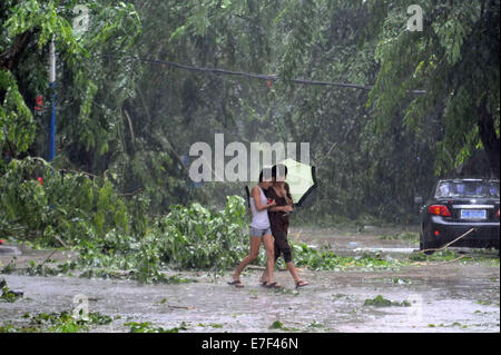 Qionghai, China's Hainan Province. 16th Sep, 2014. People walk past broken branches in typhoon-hit Qionghai City, south China's Hainan Province, Sept. 16, 2014. Typhoon Kalmaegi landed in the island province on Tuesday morning. Credit:  Meng Zhongde/Xinhua/Alamy Live News Stock Photo