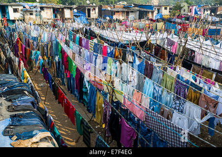 Drying laundry, Mahalaxmi Dhobi Ghat, laundry district of Mumbai, Maharashtra, India Stock Photo