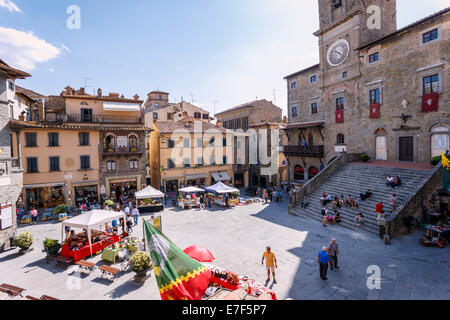 Market in the Piazza della Repubblica in Cortona, Tuscany, Italy. Stock Photo