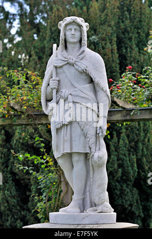 Roman marble sculpture with a lion skin and rabbit as kill, Italian Rose Garden, Mainau, Baden-Württemberg, Germany Stock Photo