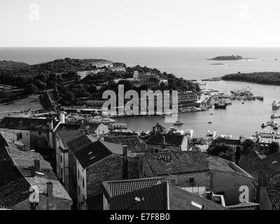 Vrsar port.  Both old and new city can be seen, along with parked boats and yachts Stock Photo