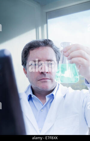 Hispanic scientist examining beaker in lab Stock Photo