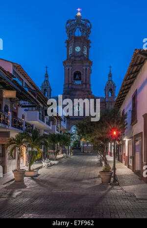 Our Lady of Guadalupe church overlooking Puerto Vallarta street, Jalisco, Mexico Stock Photo