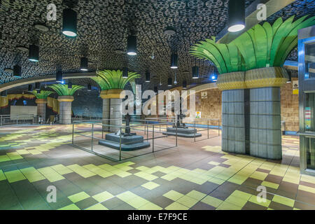 Ornate pillars and movie reels on ceiling in subway station, Los Angeles, California, United States Stock Photo