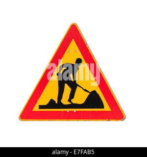 Roadworks, under construction, men at works. Road sign isolated on white Stock Photo
