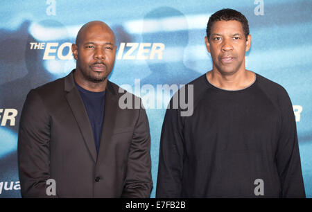 Berlin, Germany. 16th Sep, 2014. US actor and film director Antoine Fuqua (L) and US actor Denzel Washington pose during the presentation of the film 'The Equalizer' in Berlin, Germany, 16 September 2014. The film will come to German cinemas on 09 October 2014. Photo: JOERG CARSTENSEN/DPA/Alamy Live News Stock Photo