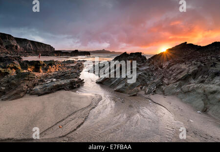 Sunset at Lusty Glaze beach at Newquay in Cornwall Stock Photo