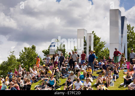 Tour de France 2014, Stage 3, crowds watch the peloton pass at the Queen Elizabeth Olympic Park, London. Stock Photo