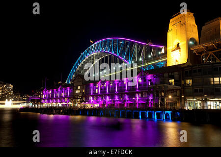 Sydney Harbour Bridge lit up during the Vivid Festival, Sydney, NSW Australia Stock Photo