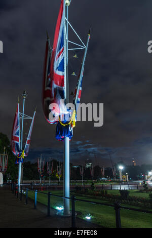 Union Jack at night outside Buckingham Palace, Westminster, London, England, United Kingdom Stock Photo