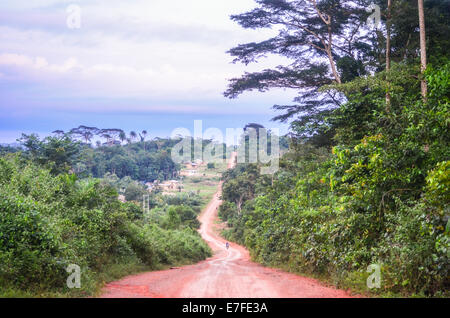 Dirt road of red earth in Nimba County, Liberia, leading to the border with Cote d'Ivoire Stock Photo