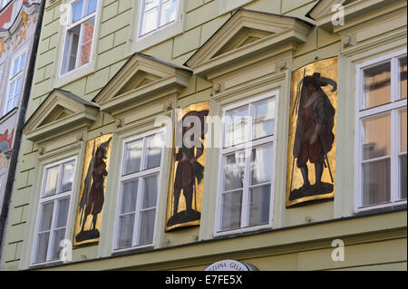 The Three Standard-Bearers on the exterior wall of a building in the City of Prague, Czech Republic. Stock Photo