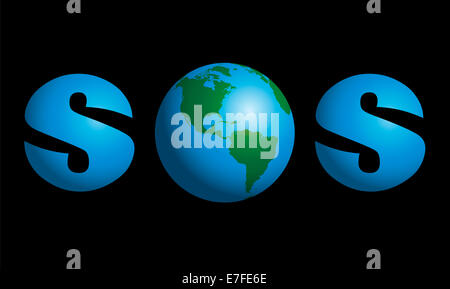 SOS with planet earth in the middle as a symbol for global troubles like environmental, humanity, political or cosmic problems. Stock Photo