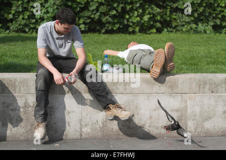 London UK. 16th September 2014. Worker enjoy the sunshine in Trafalgar Square on a warm sunny day  as Londoners enjoy rising temperatures  in London Credit:  amer ghazzal/Alamy Live News Stock Photo