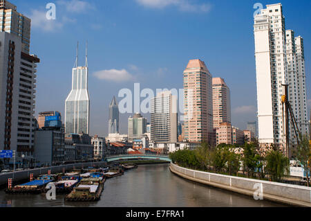 Pudong Financial District skyline, and bridge over Wusong River (Suzhou Creek), Shanghai, China. Suzhou Creek, also called Wuson Stock Photo