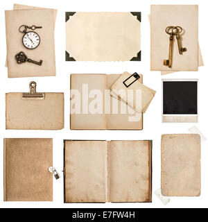 antique grungy paper sheets, books and photo frames isolated on white background Stock Photo
