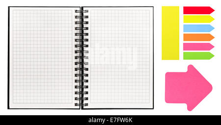 open book isolated on white background. notebook with spiral binder and colorful sticky notes Stock Photo