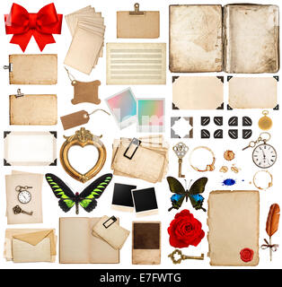 old book pages, paper sheets, cards, corner and photo frames isolated on white background. Stock Photo