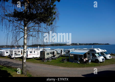 Recreational vehicle and caravans lines up in Örnäs Camping Site, Åmål, Sweden Stock Photo