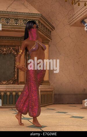 Veiled woman in Arabian nights harem costume walking in marbled palace Stock Photo