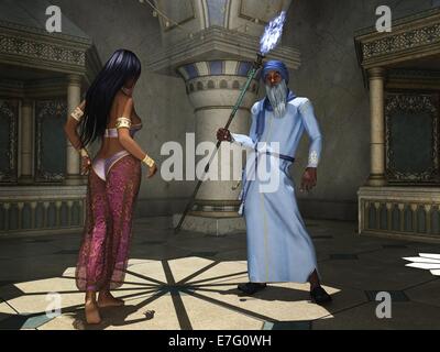 Elderly white bearded vizier in turban and carry magic staff with arabian princess dressed in harem costume Stock Photo