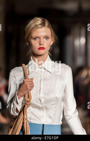 London, UK, 16 September 2014.  A model on the runway at the Isabel Garcia Spring Summer 2015 show during London Fashion Week at the Freemasons' Hall, Covent Garden.  Credit:  Stephen Chung/Alamy Live News Stock Photo