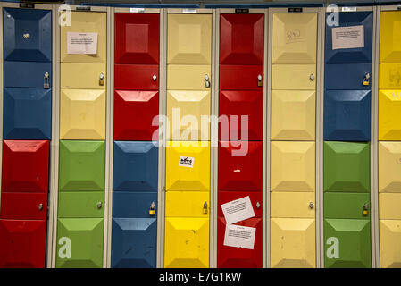 rows of colorful lockers in school Stock Photo