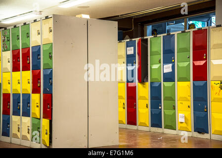 rows of colorful lockers in school Stock Photo