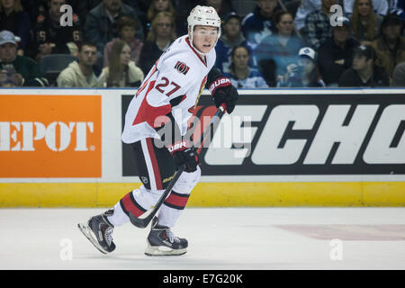 September 14, 2014. Curtis Lazar (27) follows the play during a game between the Toronto Maple Leafs and the Ottawa Senators at the 2014 NHL Rookie Tournament being played at Budweiser Gardens. Stock Photo