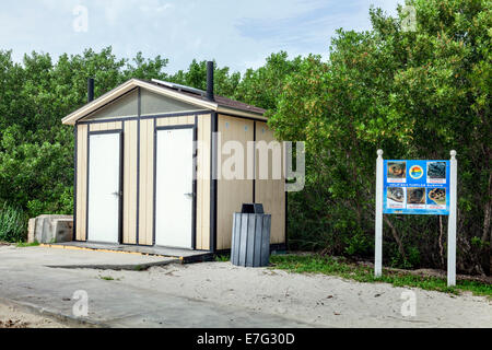 Prefab public restroom facility with composting toilets and solar panel at beach access park in Marathon, Florida Keys, USA. Stock Photo