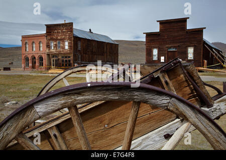 Pony cart and Bodie Post Office, IOOF Hall, and Miner's Union Hall, Bodie Ghost Town, Eastern Sierra, California, USA Stock Photo