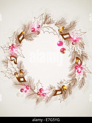 hand drawn retro Christmas background with wreath Stock Photo