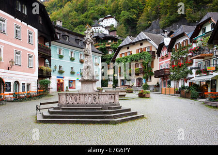 Fountain, Hallstatt on Lake Hallstatt, UNESCO World Heritage Site, Salzkammergut, Alps, Upper Austria, Austria Stock Photo