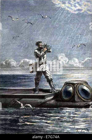 An illustration from Jules Verne's novel 'Twenty Thousand Leagues Under the Sea'. Nemo taking observations on the Nautilus Stock Photo