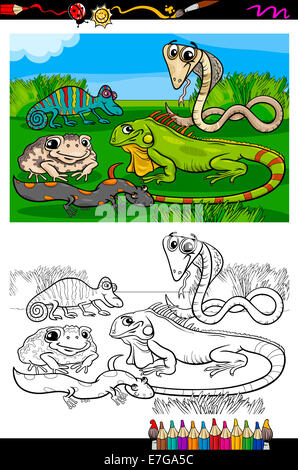 Coloring Book or Page Cartoon Illustration of Black and White Funny Reptiles and Amphibians Group for Children Stock Photo