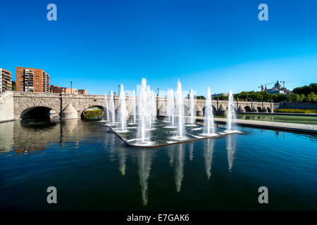 Madrid Skyline with the Segovia Bridge, Almudena Cathedral and the Royal Palace Stock Photo