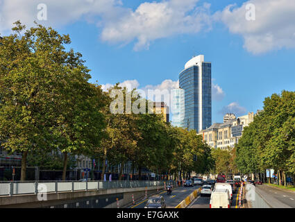 BRUSSELS, BELGIUM-SEPTEMBER 16, 2014: View of 32 floors European Commission building Tour Madou or Madou Plaza Tower from boulev Stock Photo