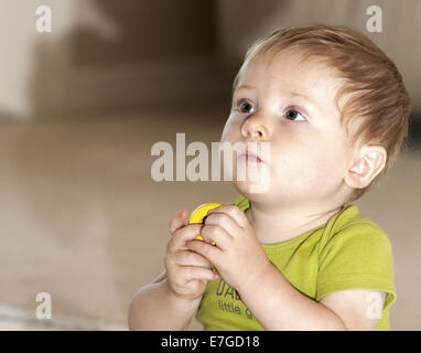 Adorable little boy with blond hair is holding a yellow block/toy.  Clermont Florida USA Stock Photo