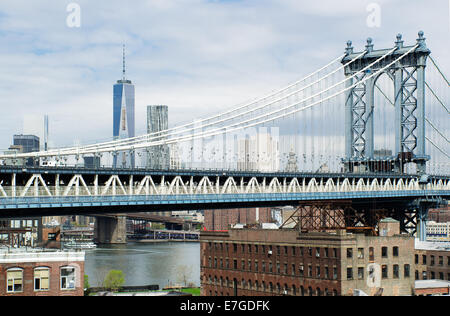 Manhattan Bridge and New York from a Dumbo Brooklyn Rooftop. Stock Photo