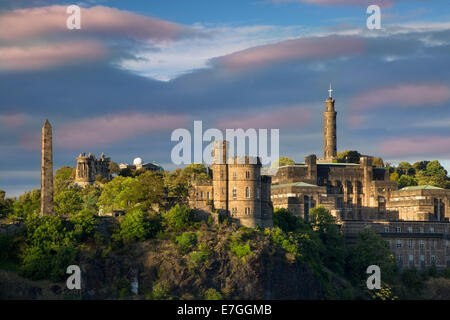 Evening sunlight over the monuments on Calton Hill, Edinburgh, Lothian, Scotland