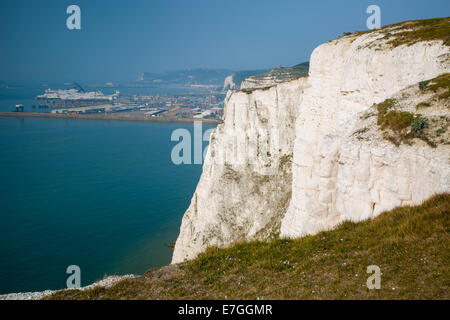 Misty morning over the White Cliffs of Dover and Dover Harbor, Kent, England Stock Photo