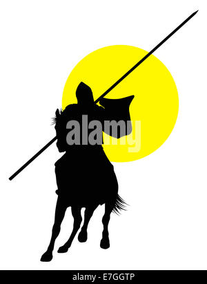 Silhouette of a medieval knight on horse carrying a flag on dramatic ...